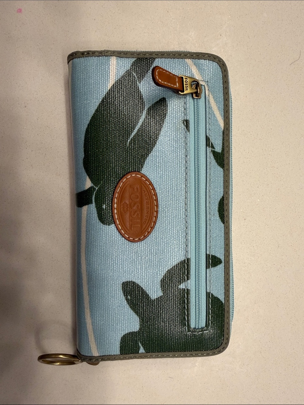 Fossil Light Blue Canvas Wallet with Green Turtle Motif